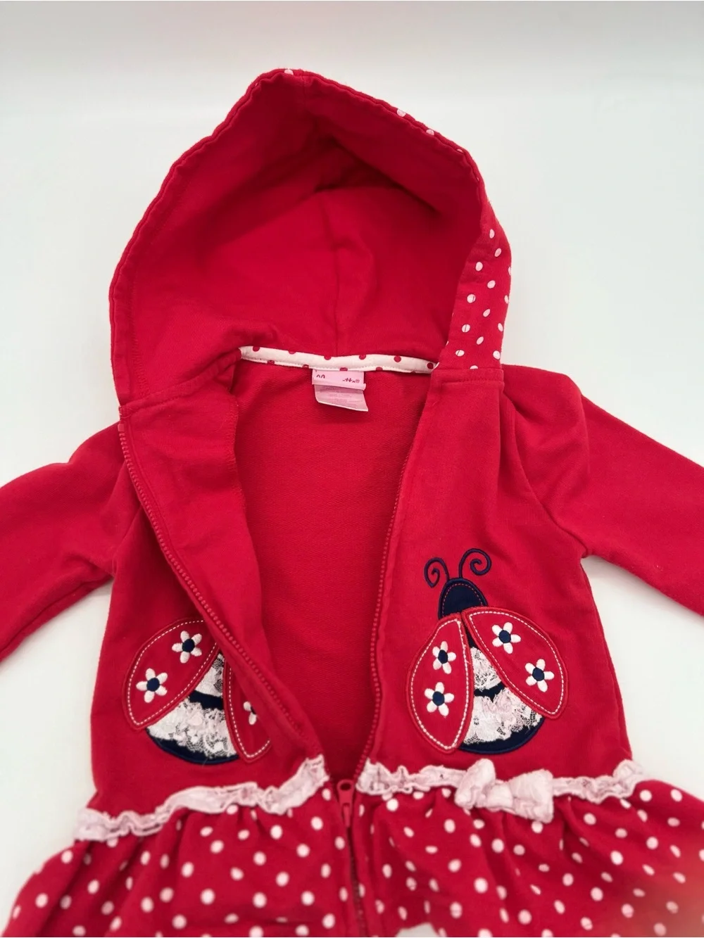Nanette Girls Ladybug Polka Dot Hooded Jacket Cotton Lace Bow 3T Red